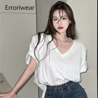 Áo thun nữ cổ chữ V Erroriwear cotton co giãn mới đa năng ngắn tay màu trơn đơn giản