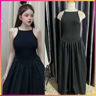 Đầm váy maxi dây yếm xoè đi biển màu đen đẹp, đầm 2 dây kiểu yếm màu đen xoè tiểu thư maxi dài