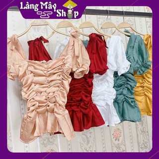 Áo nhún cổ vuông thắt nơ chất phi lụa hai vai phong cách hàn quốc sang trọng có 6 màu khác nhau