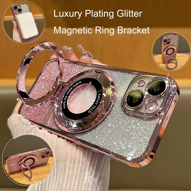 Ốp Điện Thoại Lấp Lánh Mạ Sang Trọng Tương Thích Cho iPhone 16 11 12 13 14 15 Pro Max SE 6 6S 7 8 Plus Ốp Lưng Có Giá Đỡ Vòng Từ Tính