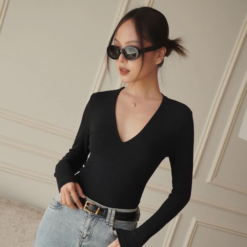 M848 - Áo thun bodysuit tay dài cổ tim basic, áo thun tay dài ôm body