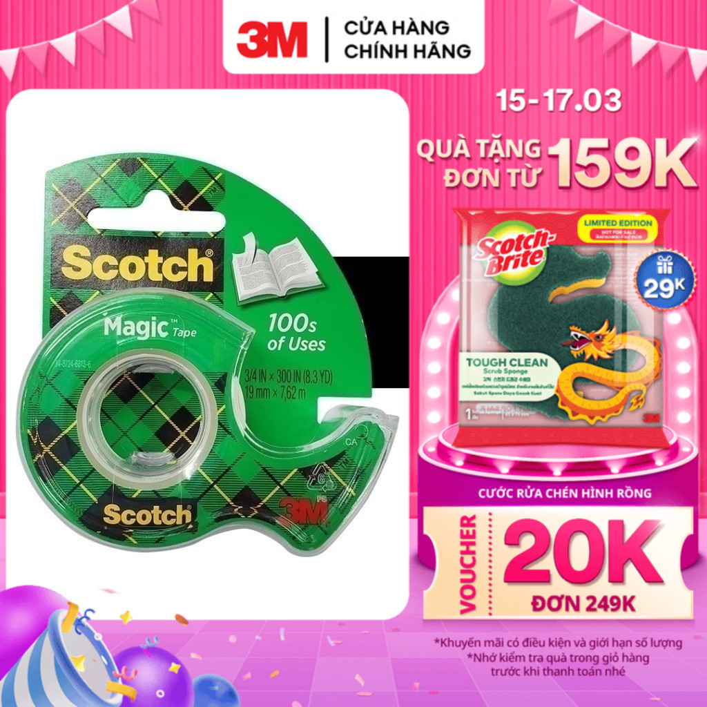 Băng keo đa năng 3M™ Scotch®, trong suốt, dính siêu tốt, viết lên được, 19.05mmx7.62m, Đa năng, sửa chữa các tài liệu