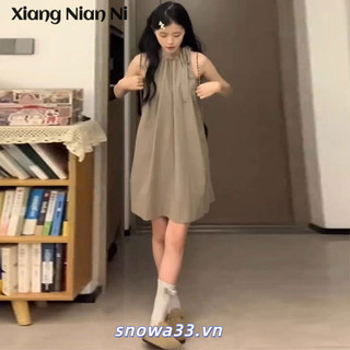 Xiang NIAN NI 2024 Váy vest màu trơn mới mùa hè với dây buộc thời trang, váy nhỏ nhắn không tay dáng rộng đơn giản dành cho nữ