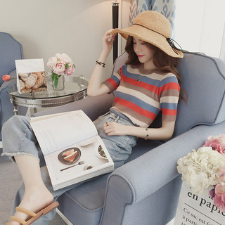 Mùa Thu Phong Cách Mới Phong Cách Hàn Quốc Tất Cả Trận Đấu Áo Thun Nữ Sọc Nhiều Màu Sắc Băng Lụa Nữ Tay Ngắn Cổ Tròn Áo Len Mỏng Ngay Lập Tức Làm Cho Bạn