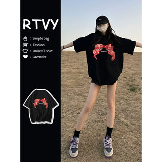 「RTVY」Áo thun Cotton ngắn tay nguyên chất mùa hè Oversize ba chiều nơ in chữ dáng rộng hàng đầu