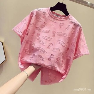 S-3XL Cộc Tay Kèm Cotton Áo Phông Nữ 2024 Cá Tính Phong Cách Phương Tây Áo Rộng Cổ Tròn