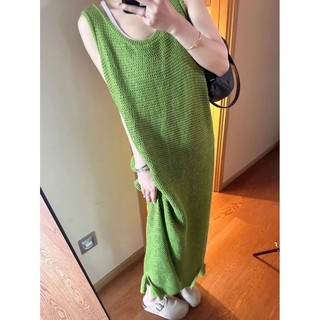 Đầm Xanh Trắng Sang Trọng Nữ Thu Đông Cao Cấp Dài Dệt Kim Váy Rời Lười Không Tay Váy Camisole