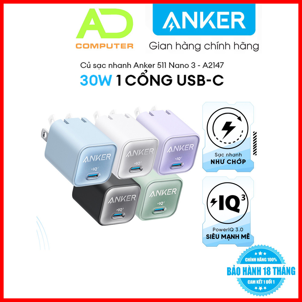 Củ Sạc Nhanh ANKER 511 Nano 3 30W - 1 cổng USB-C - A2147 - Bảo hành 18 tháng Viettel