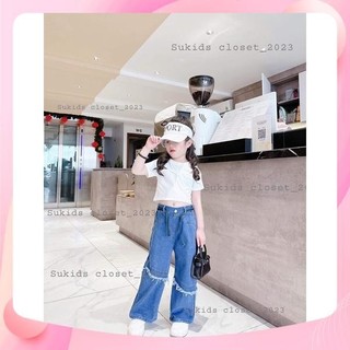 Set áo cotton + quần jean + dây đai cho bé gái