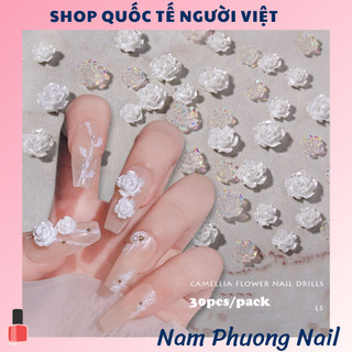 Túi 30 bông hoa nhựa đính móng tay nghệ thuật, hoa hồng 3D màu trong suốt, phụ kiện nail salon