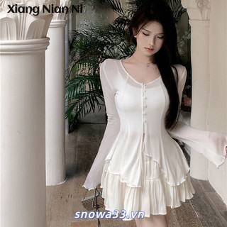 Xiang NIAN NI Chuông Không Đều Tay Dài Cổ Tròn Cardigan Top Nữ Mùa Xuân Pháp Nhẹ Nhàng Phong Cách Độc Đáo Đẹp Slim Áo Sơ Mi