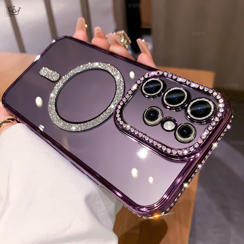 Sang Trọng Mạ Kim Cương Lấp Lánh Trong Suốt Dành Cho Samsung Galaxy S24 Plus S23 S22 Ultra Từ Tính Sạc Không Dây Bling Cover