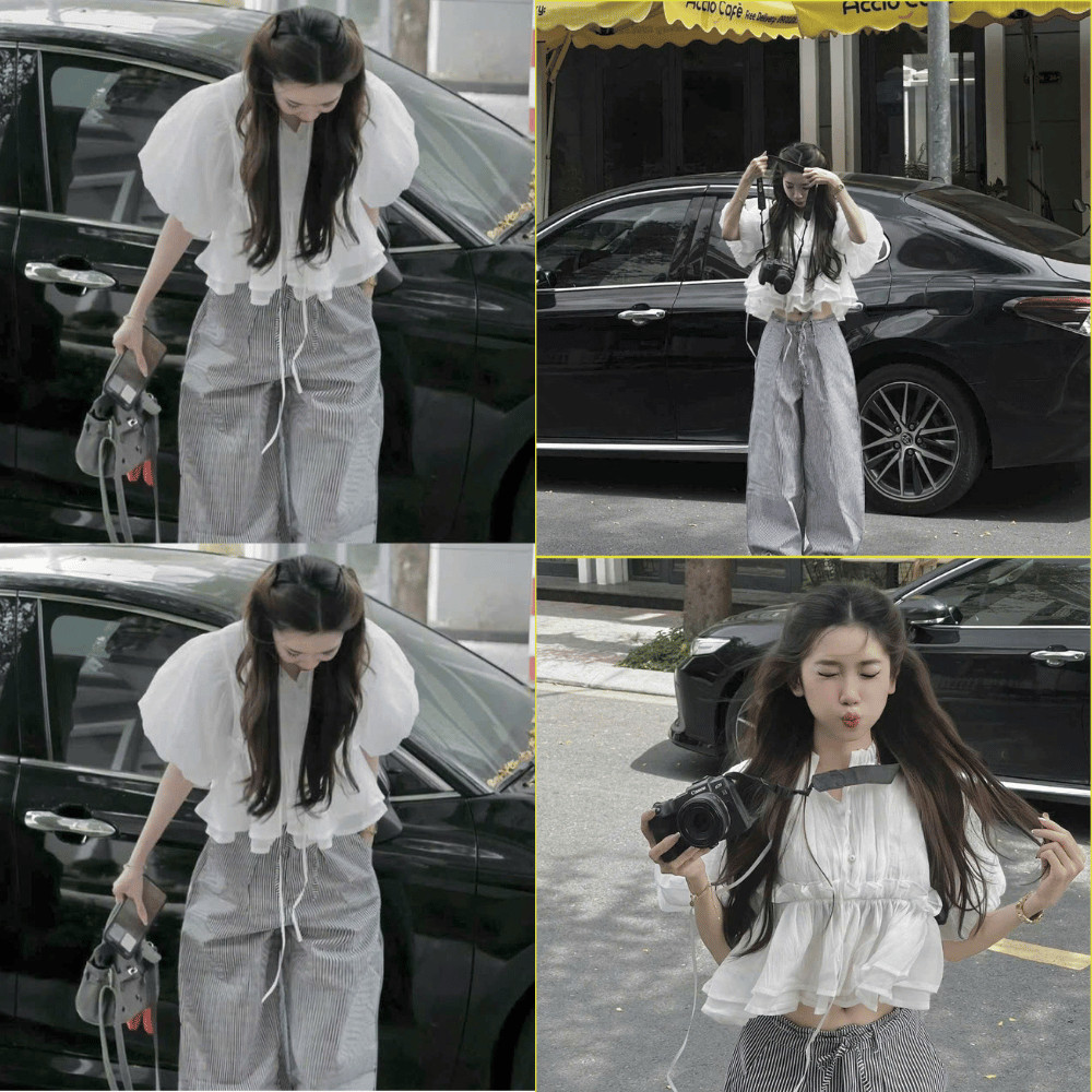 ( SẴN ) Set Áo Babydoll Tơ Croptop Bồng 2 Lớp Mix Quần Kẻ Ống Rộng Siêu Xinh 2001's Clothing