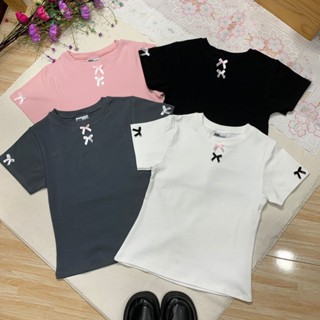   Combo 2 áo  Áo thun nữ cộc tay mùa hè mát có đính nơ chất liệu vải thun cotton tăm mịn mát co giãn có bigsize 