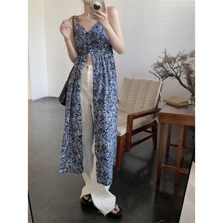 Pháp Hoa Cổ Chữ v Sling Đầm Nữ Mùa Hè Ngọt Ngào Hot Girl Váy Xanh Retro Sang Trọng Chia Váy Dài