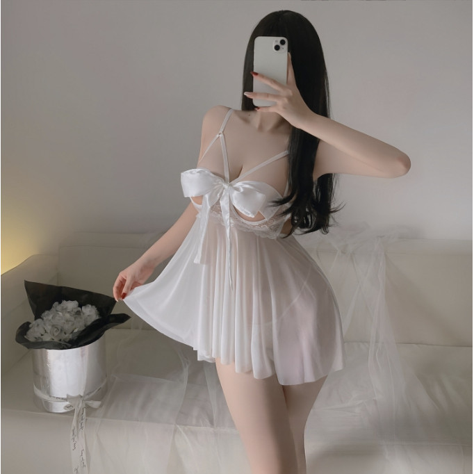 [Tặng Kèm Chip] Bộ Đồ Váy Ngủ Nữ Sexy Bigsize Đầm Ngủ Sexy Gợi Cảm 2 Dây Voan Xuyên Thấu Nâng Ngực Hở Ngực Phối Nơ Quyến Rũ | BigBuy360 - bigbuy360.vn