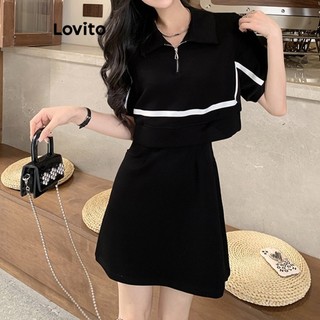 Đầm Lovito giả 2 mảnh trong 1 màu trơn thường ngày cho nữ LNA19249 (màu đen)