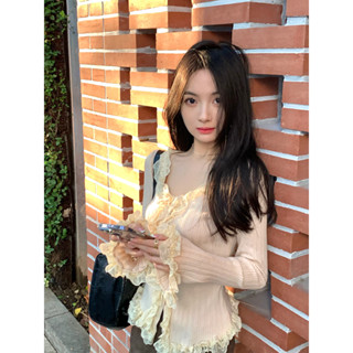 Áo coquette tay dài Áo Kiểu Nữ Áo ôm body Áo brandy Áo croptop dài tay  Áo len ren cổ chữ V dài tay kiểu Pháp dành cho nữ mùa thu Slim-Fit ngắn màu trơn hàng đầu