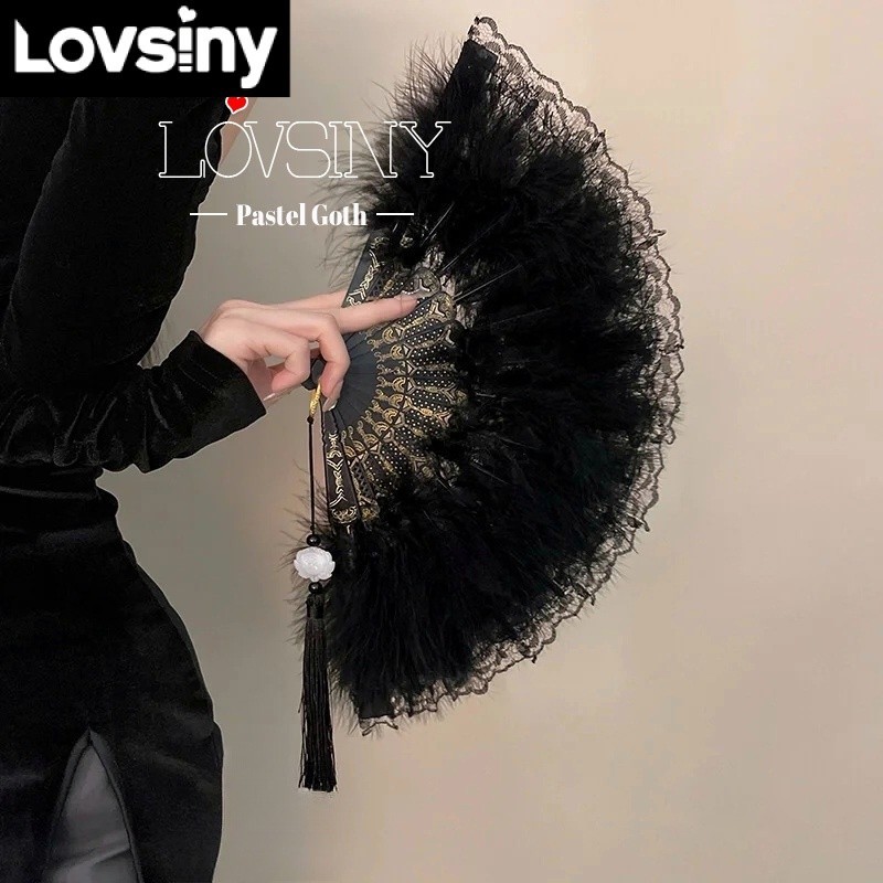 Quạt Xếp Phối Ren Lông Vũ 5 Màu Tùy Chọn Dùng Hóa Trang