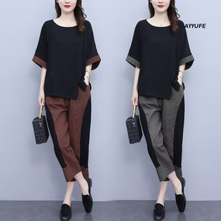 Ayyufe 2 Cái / bộ Bộ Quần Áo Thun Nữ Co Giãn Cổ Tròn Mặc Hàng Ngày Chắp Vá Quần Crop Nữ Trang Phục Mùa Hè Quần Áo Nữ