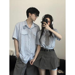 S đảo tình nhân-đồ đôi Preppy Style Áo sơ mi ngắn tay sọc xanh nam nữ cùng phong cách Áo sơ mi cặp đôi