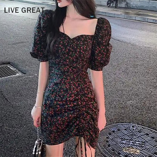 Live GREA Đầm Nữ Mùa Hè Mới Retro Cổ Vuông Hoa Xếp Ly Dây Rút Đầm Ngắn