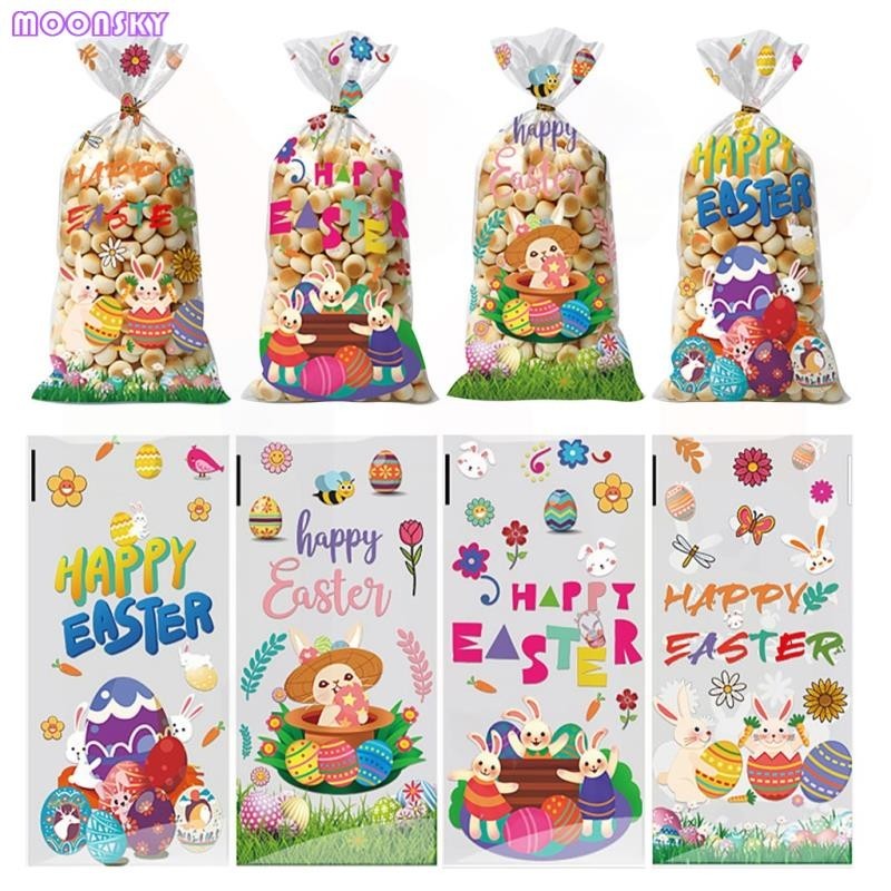 50pcs Happy Easter Plastic Bag Transparent Rabbit Bunny Egg Cookie Candy Gift Packaging Bags Easter Party Favors Decoration