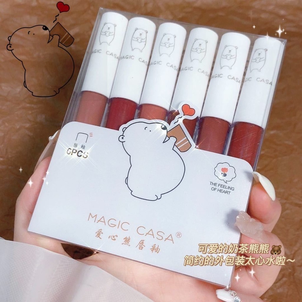 [6 Miếng] Love Bear Lip Glaze Set Nữ Niche Thương Hiệu Chống Phai Màu Chống Dính Cốc Học Son Môi Trọn Bộ Một Bộ