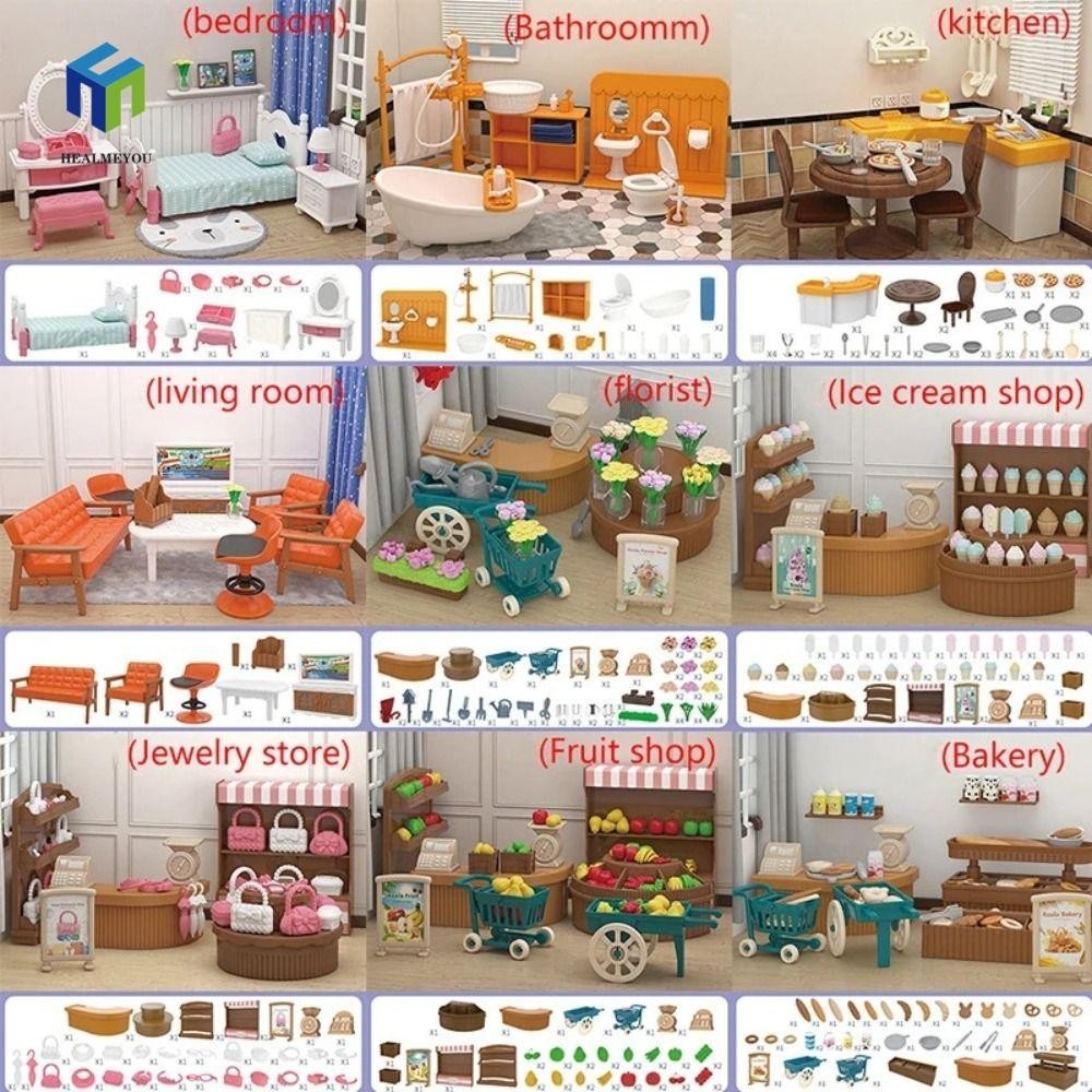 Healmeyou Nội thất nhà búp bê, Phòng ngủ Living Micro Model Nội thất thu nhỏ, Đồ chơi DIY Giả vờ chơi Forest Family 1: 12 Đồ chơi nội thất Mini Đồ chơi trẻ em