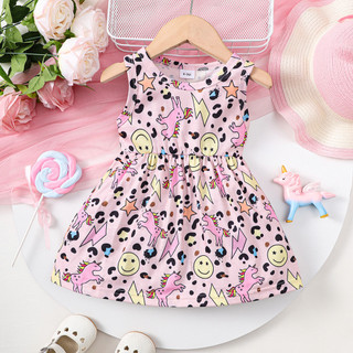 Đầm Cho Bé Gái 1-3 Tuổi Không Tay Kỳ Lân Nụ Cười Biểu Tượng Cảm Xúc Họa Tiết Treo Váy Thời Trang Giải Trí Phong Cách Mặc Thường Ngày