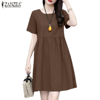 Zanzea Nữ Hàn Quốc Hàng Ngày Tay Ngắn Chữ A Tay Ngắn Màu Trơn