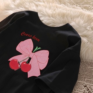 Áo thun trắng họa tiết nơ hồng thời trang nữ Oversize dáng rộng Cotton ngắn tay [Giao hàng trong vòng 24 giờ]
