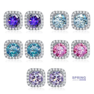 Bông tai đinh tán Moissanite màu sắc Bông tai đinh tán nhiều màu nhập khẩu S925 Bạc sang trọng Túi tròn hình vuông Bông tai đinh tán