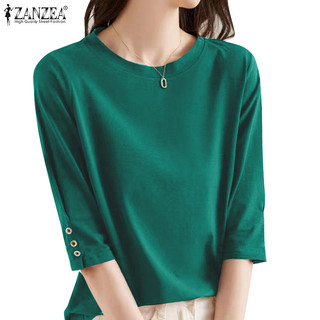 Zanzea nữ hàn quốc nút viền tay ngắn cổ tròn áo