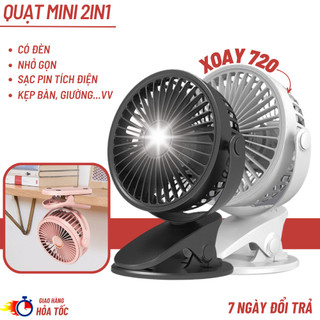 Quạt mini để bàn có đèn - quạt tích điện kẹp bàn, cầm tay, xoay 720 độ