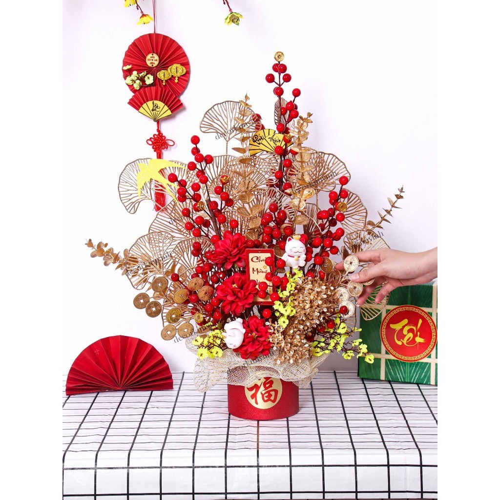 Chậu Đào Đông Tài Lộc Handmade A44 Trang Trí Tết