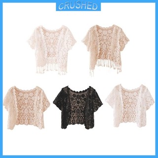 Crush Nữ Tua Rua Ren Shrug Cardigan Với Tay Ngắn Sheer Móc Hoa Mở Áo Crop Trước Cho Buổi Tối Dres