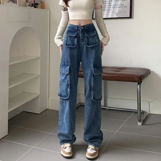 Quần Jean Thẳng Phiên Bản Hàn Quốc Đường Phố Nữ Plus Kích Thước Nhiều Túi Ống Rộng Co Giãn Eo Hợp Thời Trang Quần Dài Đường Phố Cao Cấp Phù Hợp Với Dụng Cụ G0J7