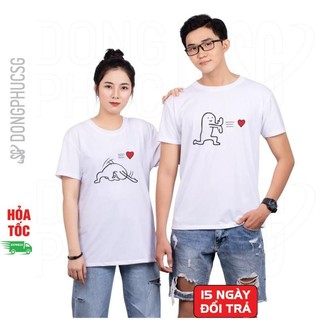 Áo cặp đôi dễ thương thun cotton mềm mịn cổ tròn tay ngắn màu trắng mẫu AC101T DONGPHUCSG