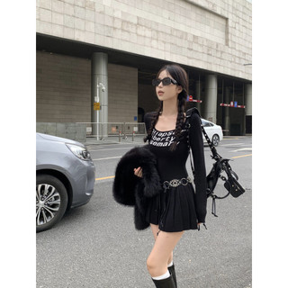 Mùa Thu Đông Xếp Ly Hot Girl 48 [Váy Dài Tay Giao Hàng Eo Nẹp] Váy Giờ Ngắn Chữ a Jacquard Cổ Vuông Dệt Kim Màu Sắc Tương Phản Nữ VFA