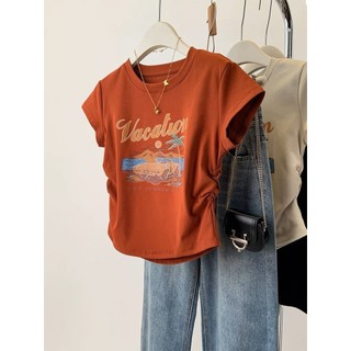 Áo thun ngắn tay Cotton nguyên chất in họa tiết cổ điển dành cho nữ mùa hè Slim-fit xếp ly ngắn hàng đầu