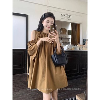 Đầm nữ buộc dây lệch vai Váy màu trơn xếp ly