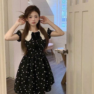 Màu đen Tính Khí Thời Trang Nối Ve Áo Nữ Tay Ngắn Slim Fit Váy Ngắn Chữ A Đa Năng