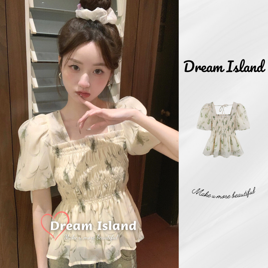 『Dream Island』Áo Sơ Mi Tay Ngắn Tay Phồng Cổ Vuông Voan Hoa Eo Nẹp Phiên Bản Hàn Quốc Ngọt Ngào Người Yêu Dễ Thương Tươi Preppy Phong Cách Cô Gái Nhẹ Nhàng
