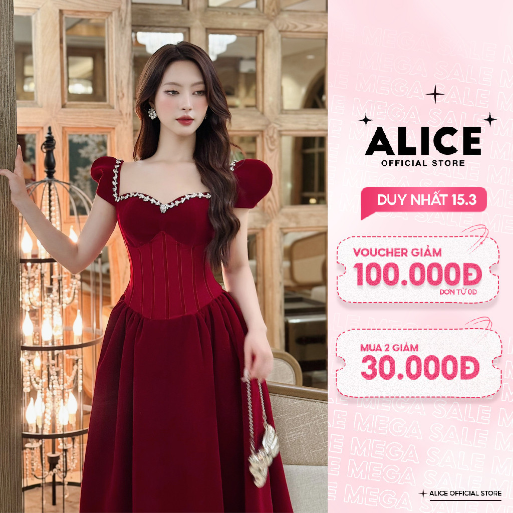 Váy Nhung Tiểu Thư Cao Cấp ALICE Thiết Kế Chiết Eo Cổ Đính Đá Làm Điểm Nhấn Phong Cách Sang Chảnh V973