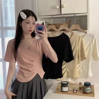 Phụ Nữ Cổ Chữ V Chia Tay Ngắn Áo Thun Nữ Xếp Ly Bụng Học Sinh Ngắn Bo