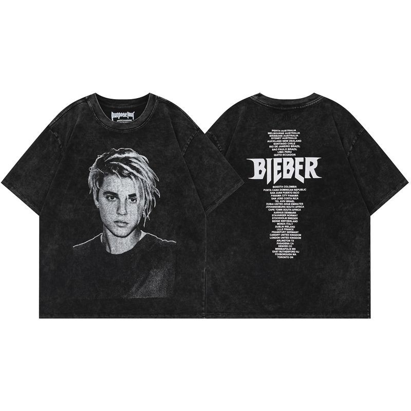 2024 Justin Bieber Cổ Tròn Tay Ngắn Cotton T Casual Top Man / Women High Street Wash Chất Lượng Cao 