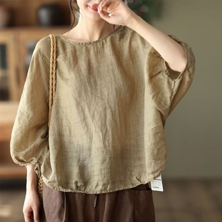 [Linin] Tencel Cotton Linen Top Nữ Tay Bát Hàng Đầu Văn Học Mỏng Phong Cách Rời Thoáng Khí Áo Thun Chui Đầu