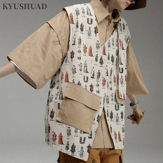 Áo khoác nam KYUSHUAD Áo khoác công nhân cổ điển Mỹ xu hướng khâu giả hai mảnh dáng rộng vẽ tay in họa tiết giản dị tay ngắn
