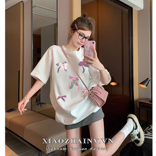 Xiaozhainv Áo Thun Cotton Cao Cấp Nơ Trắng Cotton Nguyên Chất Áo Thun Nữ Tay Ngắn